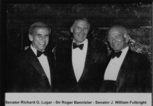 Sen. Lugar, former Master Roger Bannister, and Sen. Fulbright at Pembroke, 1990