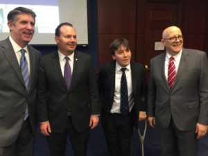 L to R: UVU President Matthew S. Holland, Sen. Mike Lee, Nicholas Cole, UVU Prof. Rodney Smith.